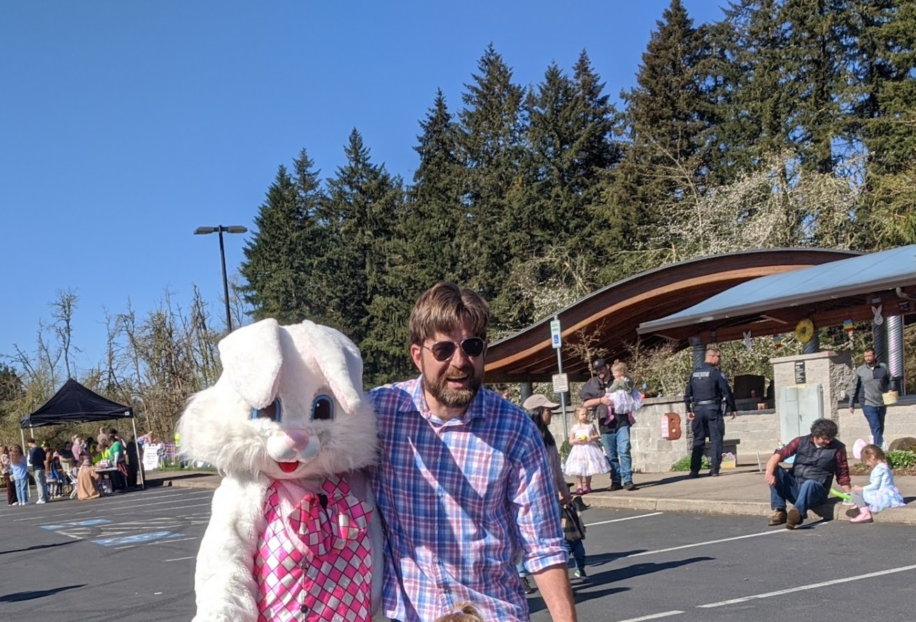 (Brook attends the Megga Easter Egg hunt at Willamalane with the easter bunny, 2024.)